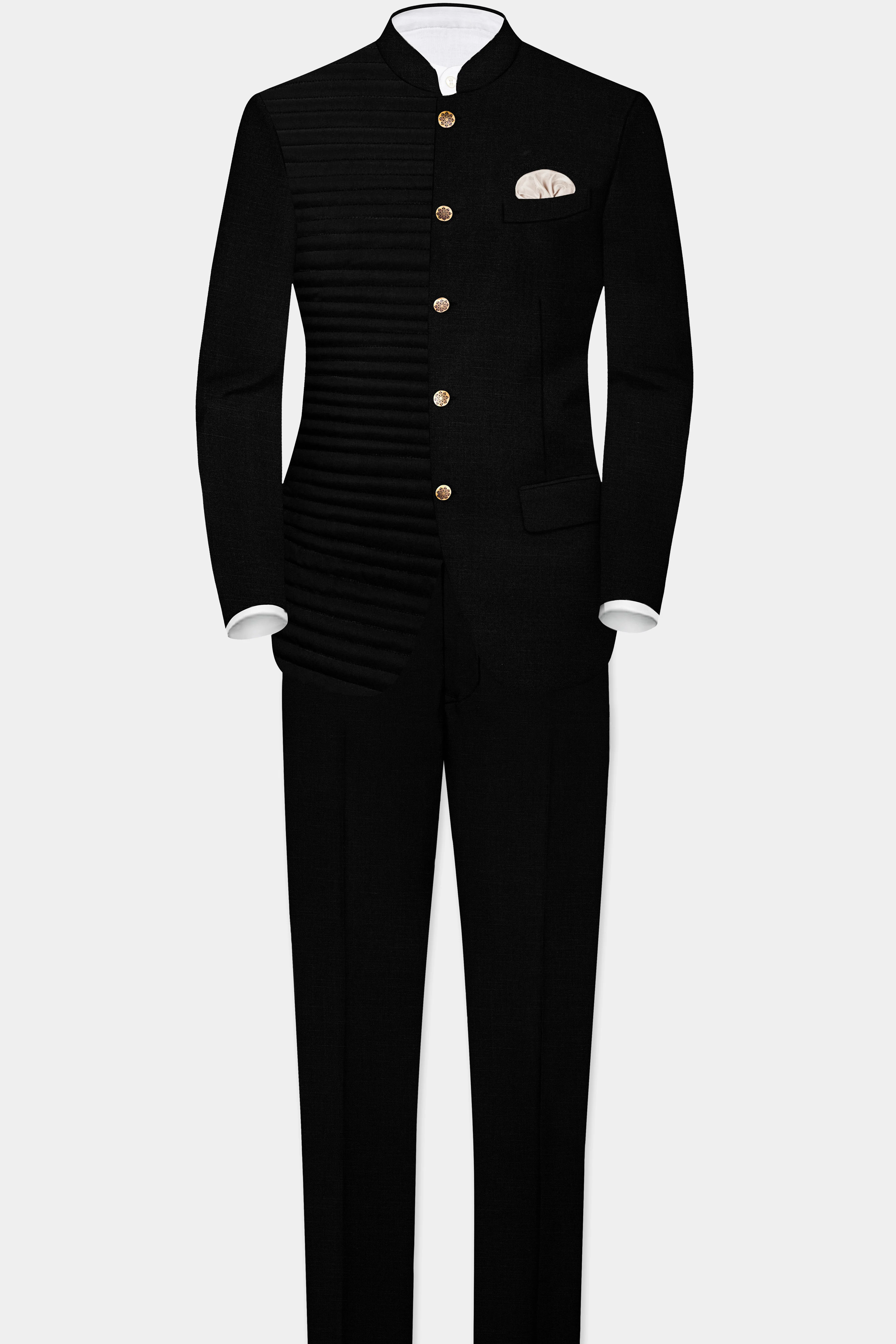 Jade Black Stretchable Subtle Sheen With horizontal stitches Bandhgala Designer Blazer - Image 8