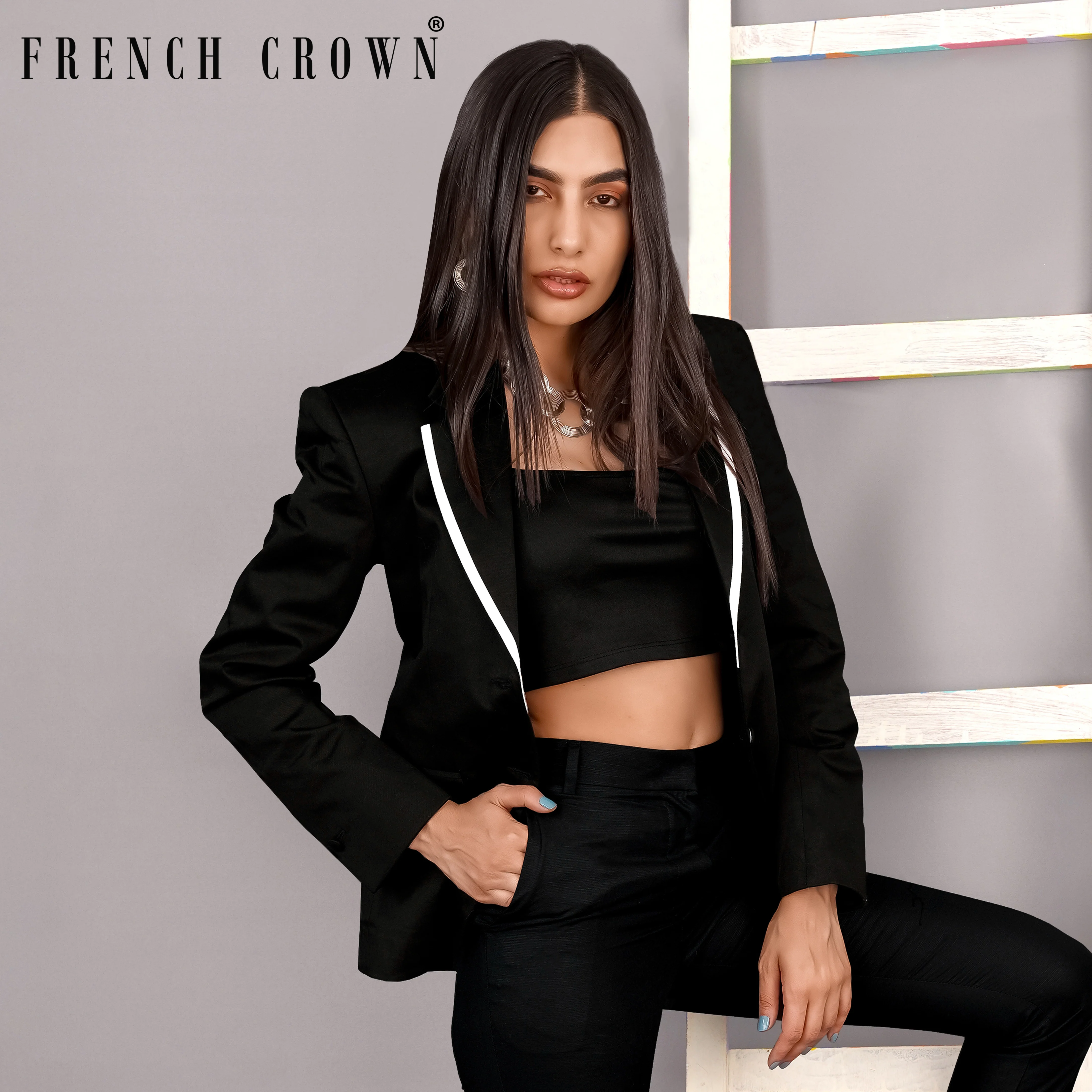 Jade Black with White Borders Premium Cotton Women's Blazer - Image 12