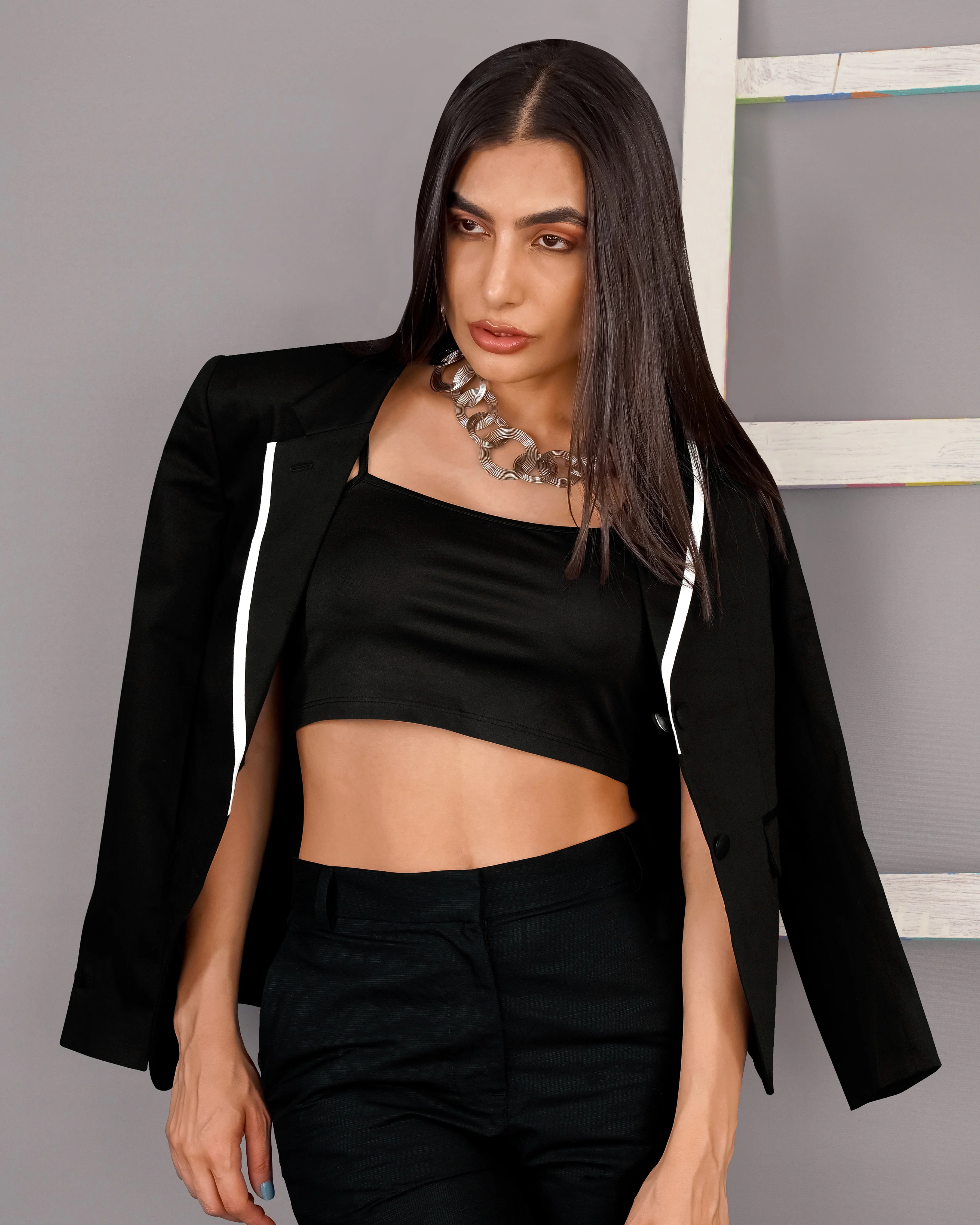 Jade Black with White Borders Premium Cotton Women's Blazer - Image 9