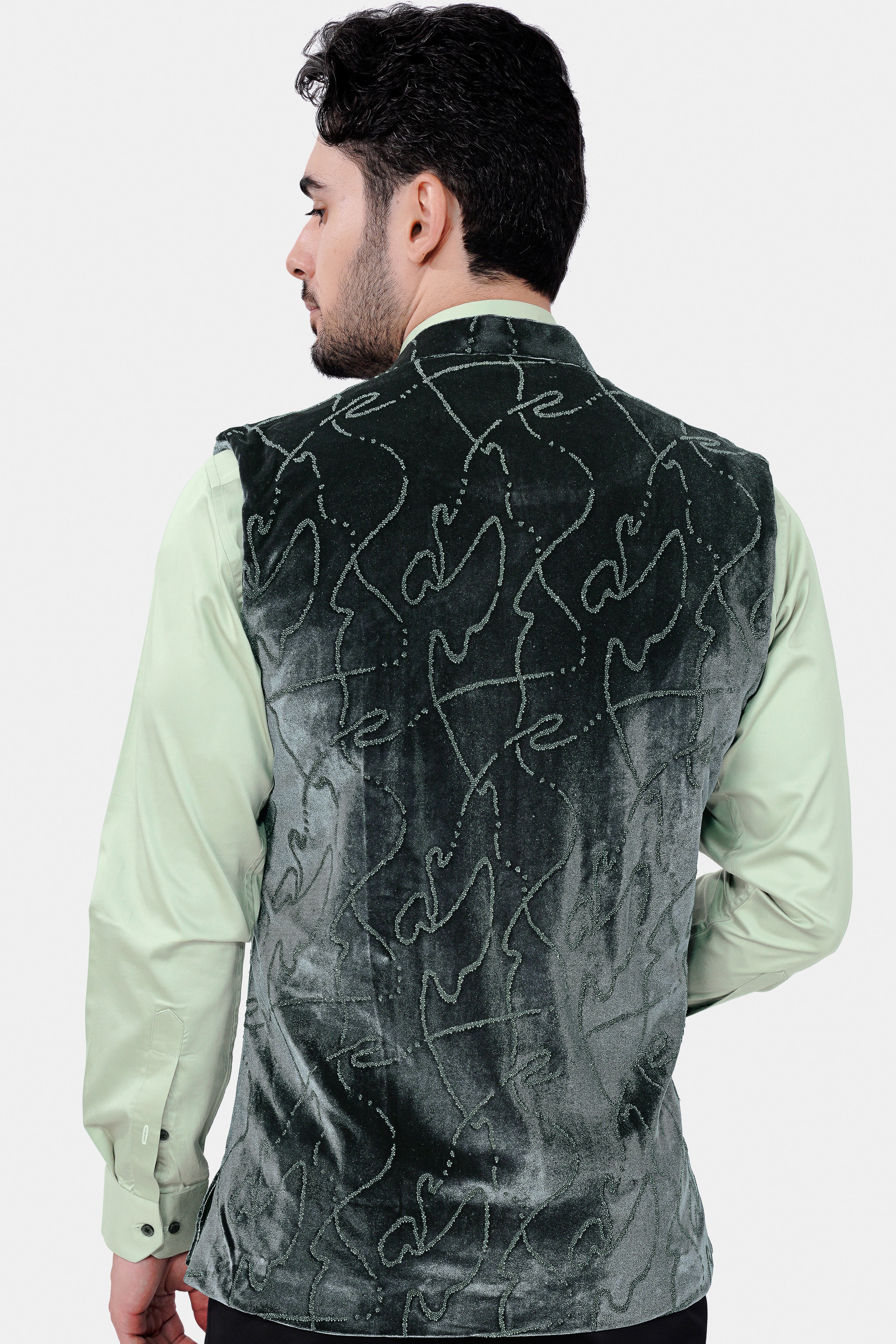Kombu Green Stonework Velvet Designer Nehru Jacket - Image 4