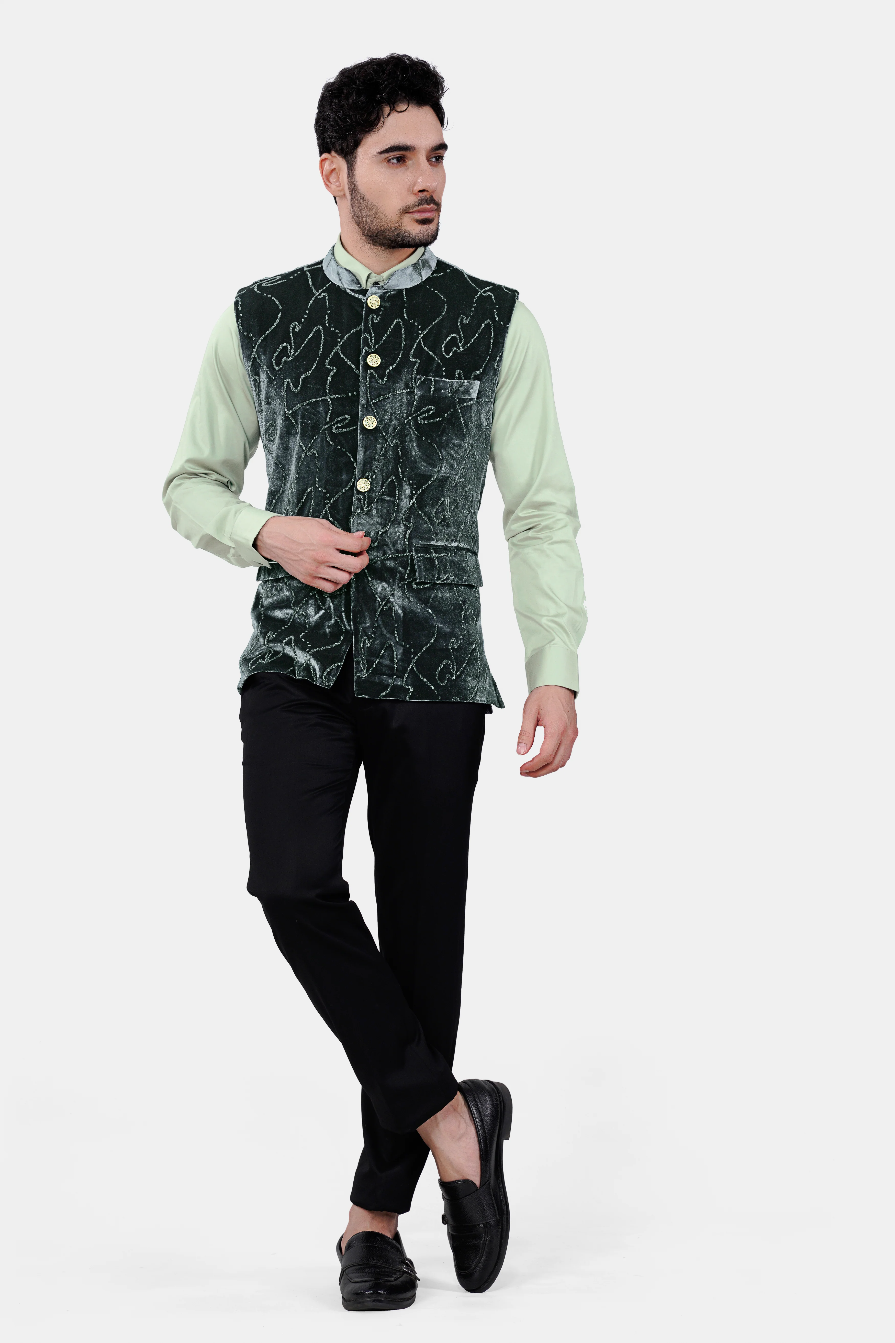 Kombu Green Stonework Velvet Designer Nehru Jacket - Image 5