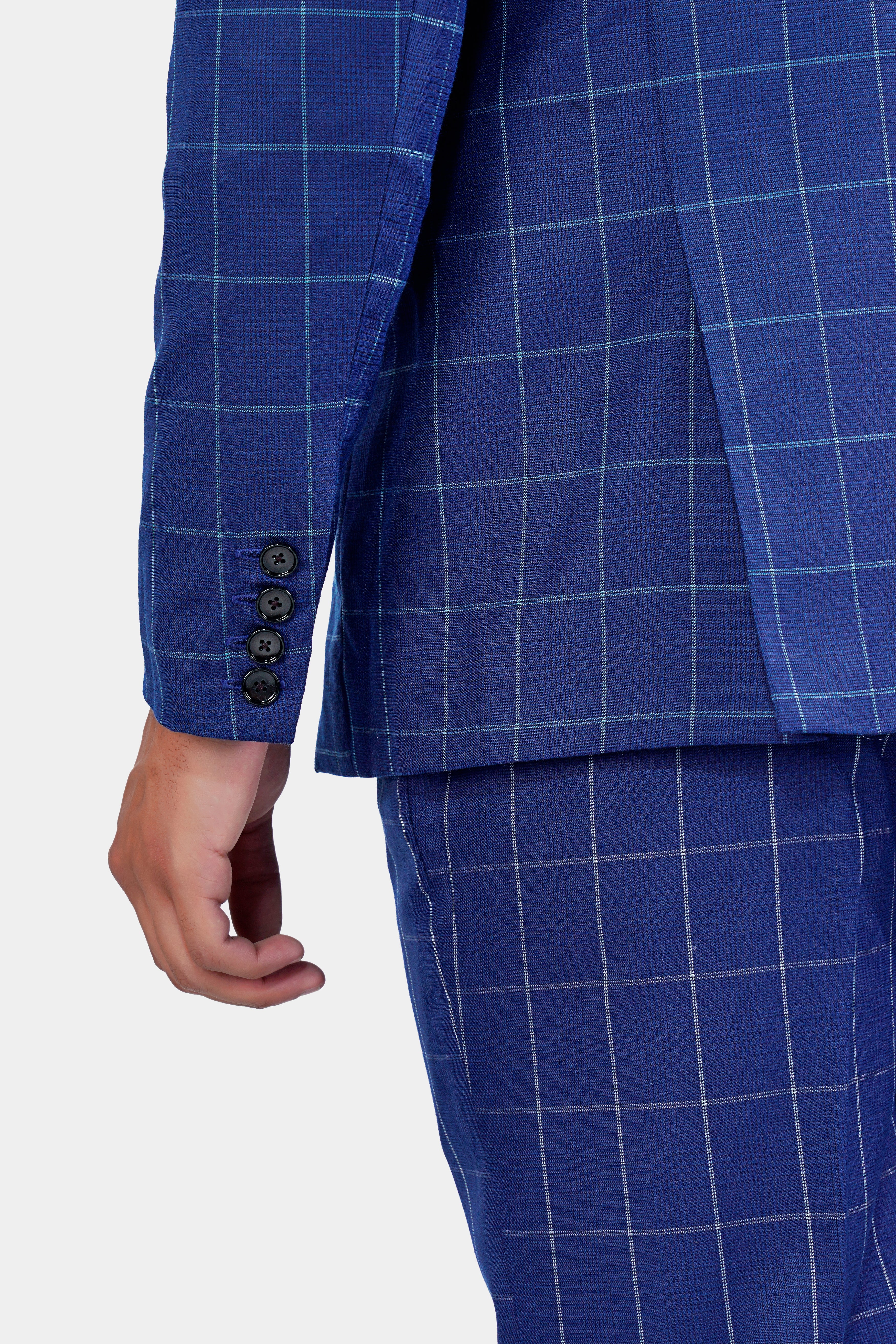 Lapis Blue Windowpane Wool Rich Double Breasted Blazer - Image 4