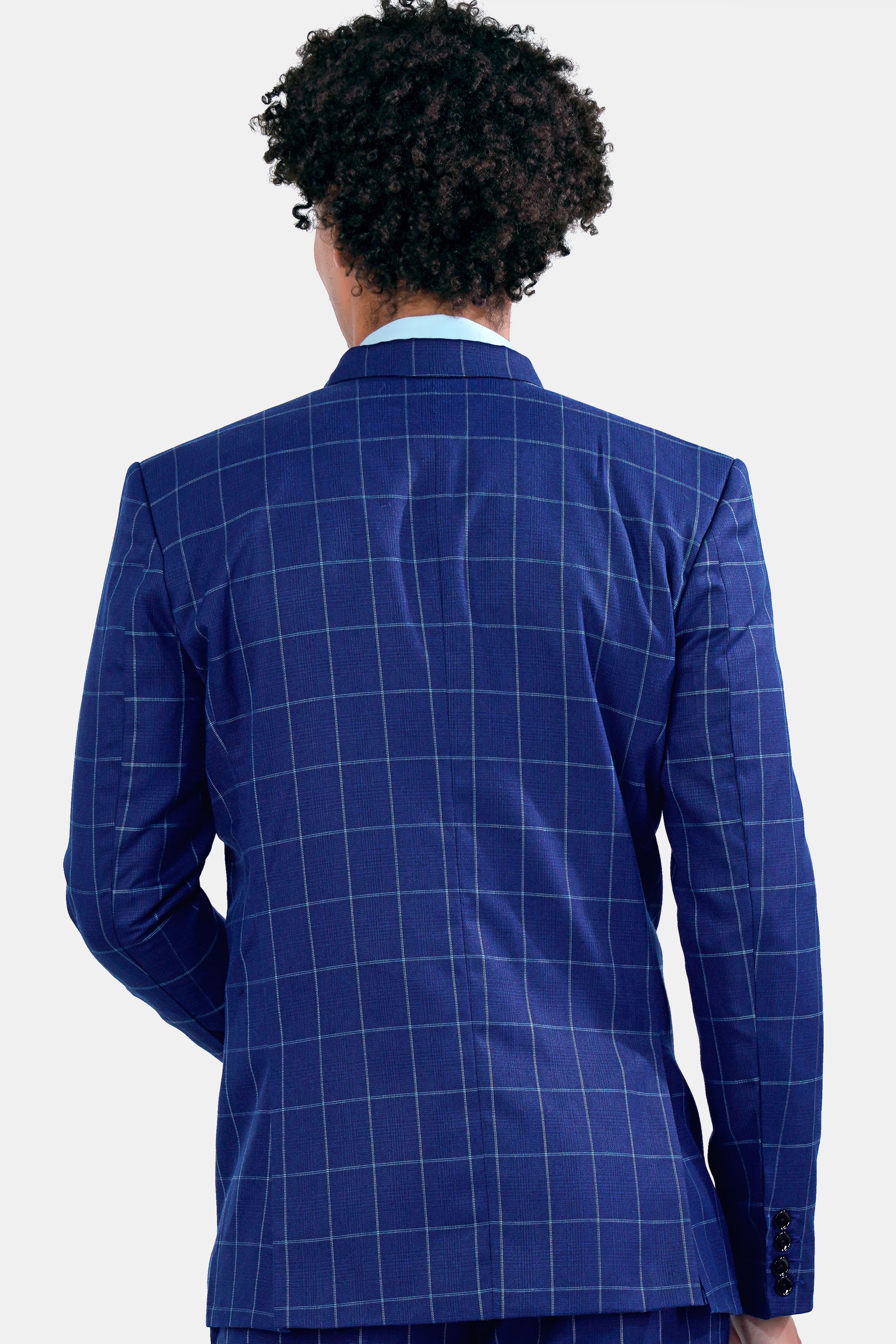 Lapis Blue Windowpane Wool Rich Double Breasted Blazer - Image 5