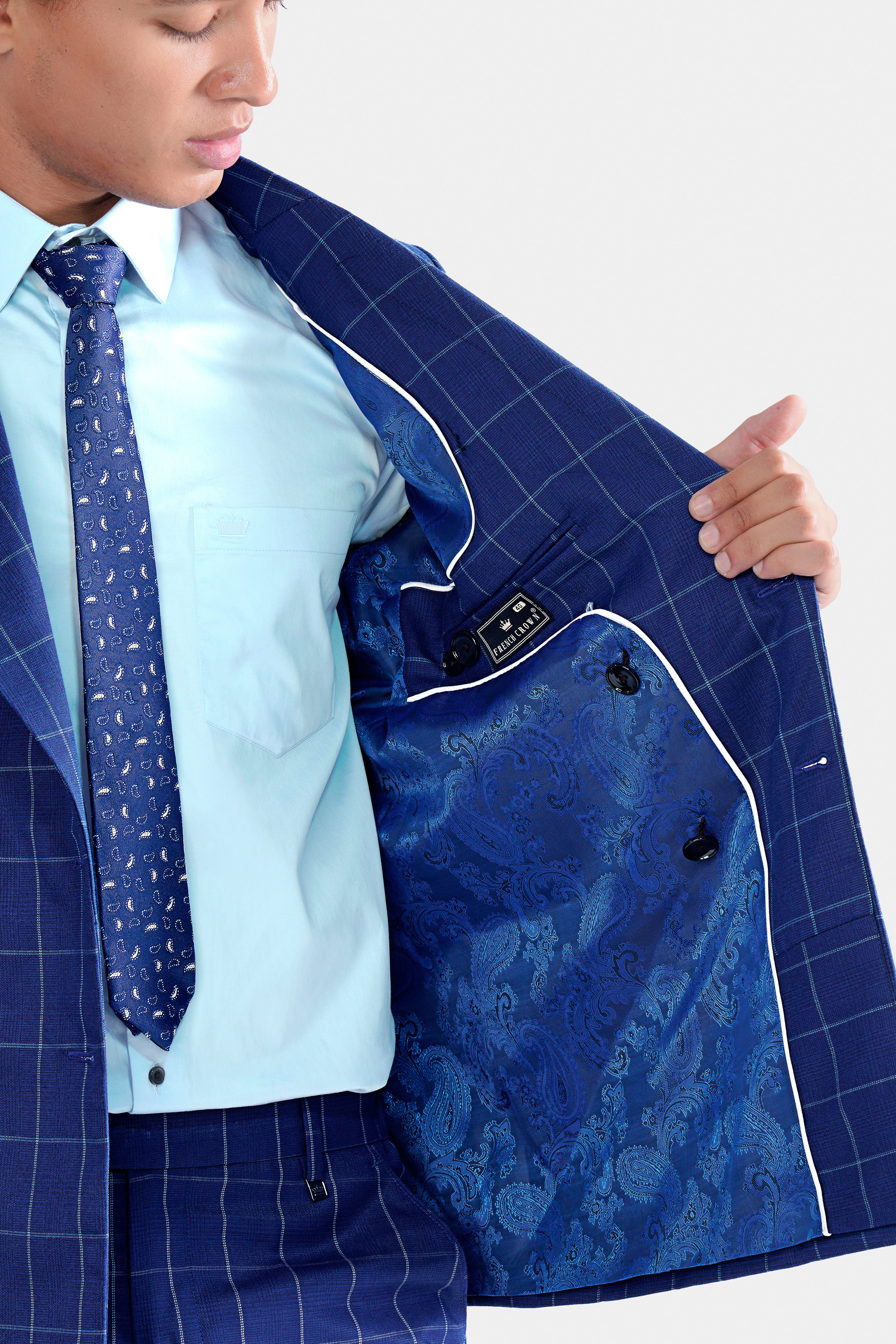 Lapis Blue Windowpane Wool Rich Double Breasted Blazer - Image 6