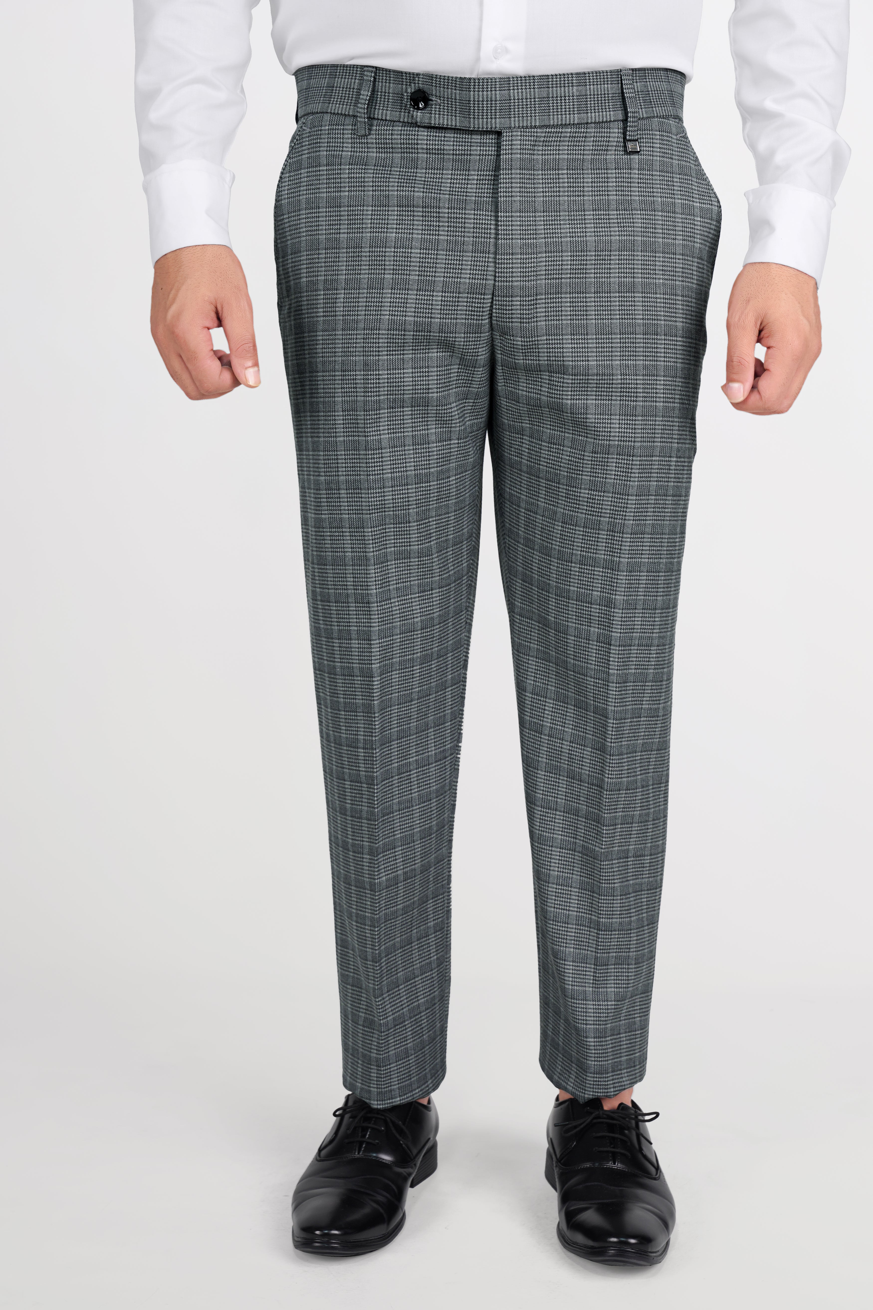 Oslo Gray Checkered Wool Rich Bandhgala Designer Stretchable Traveler Suit - Image 12