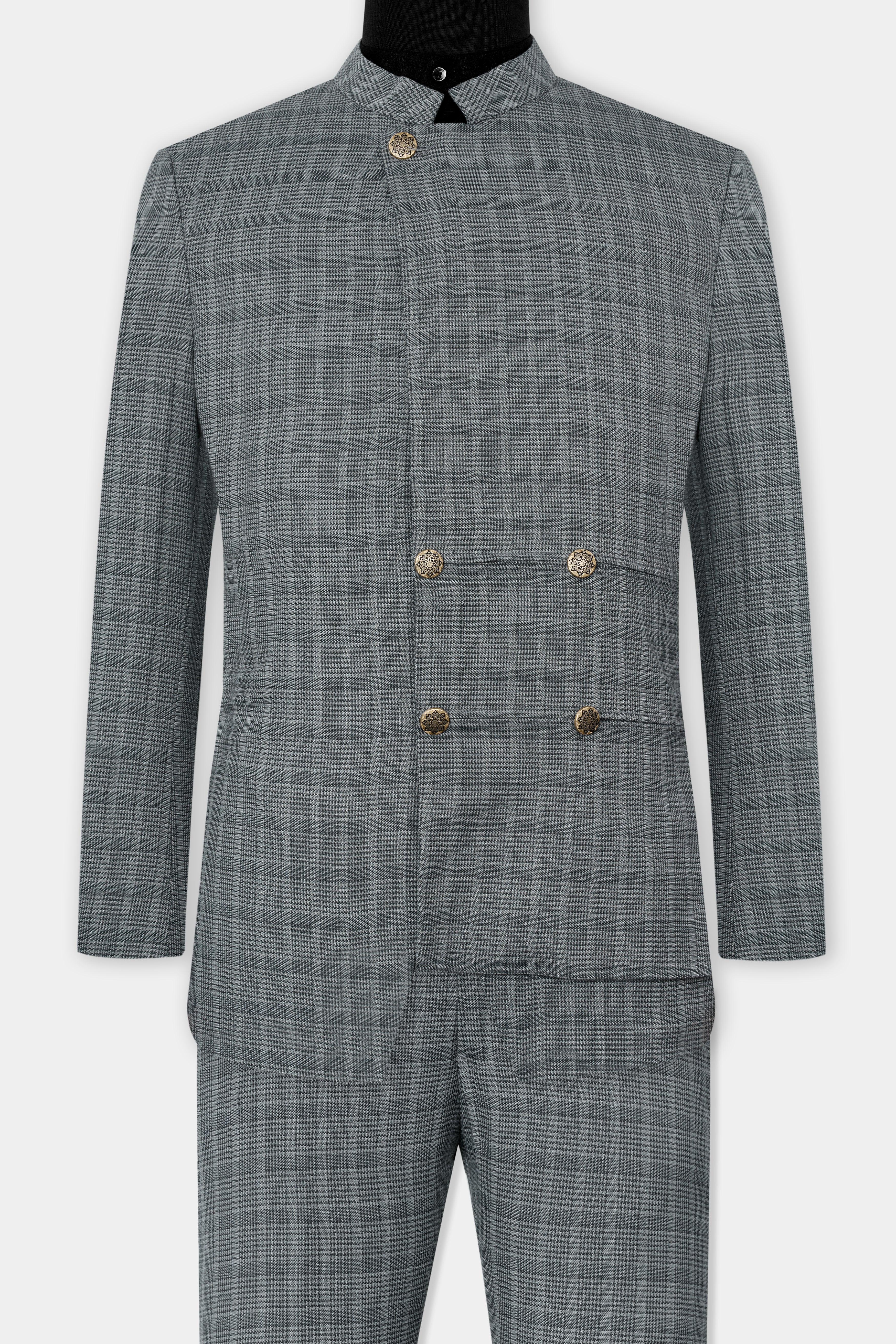 Oslo Gray Checkered Wool Rich Bandhgala Designer Stretchable Traveler Suit - Image 4