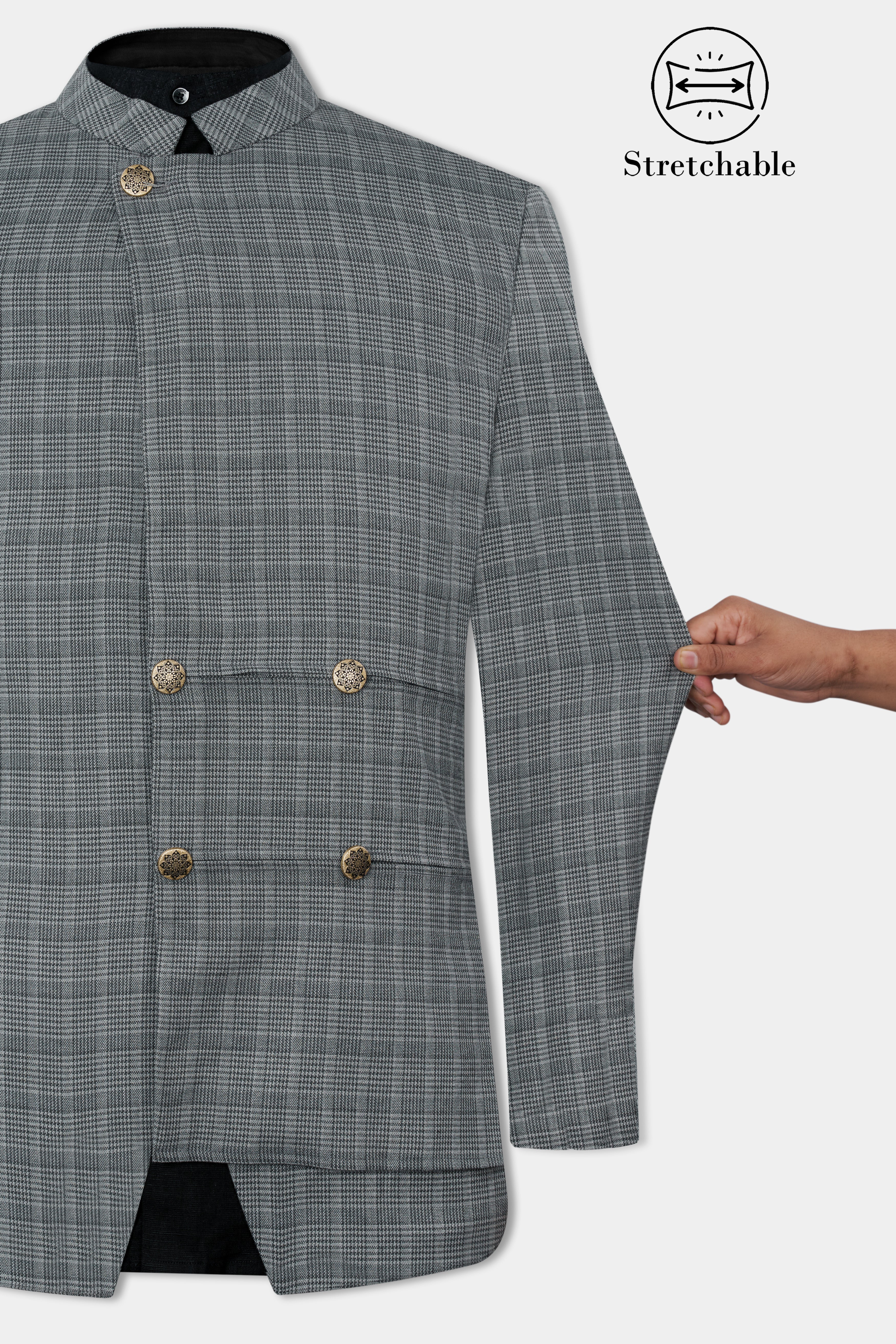 Oslo Gray Checkered Wool Rich Bandhgala Designer Stretchable Traveler Suit - Image 6