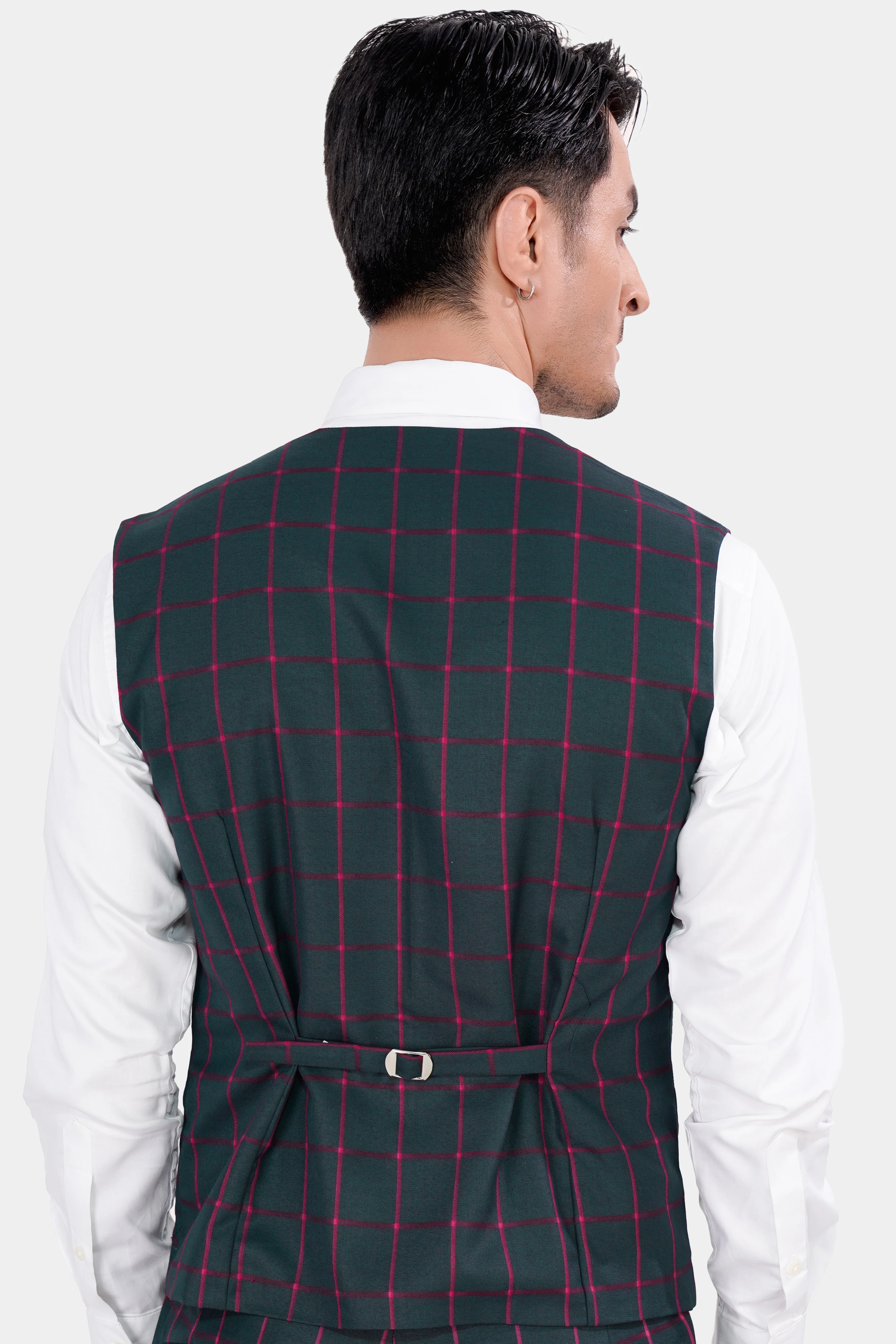 Outer Space Gray and Rouge Pink Windowpane Wool Rich Waistcoat - Image 4