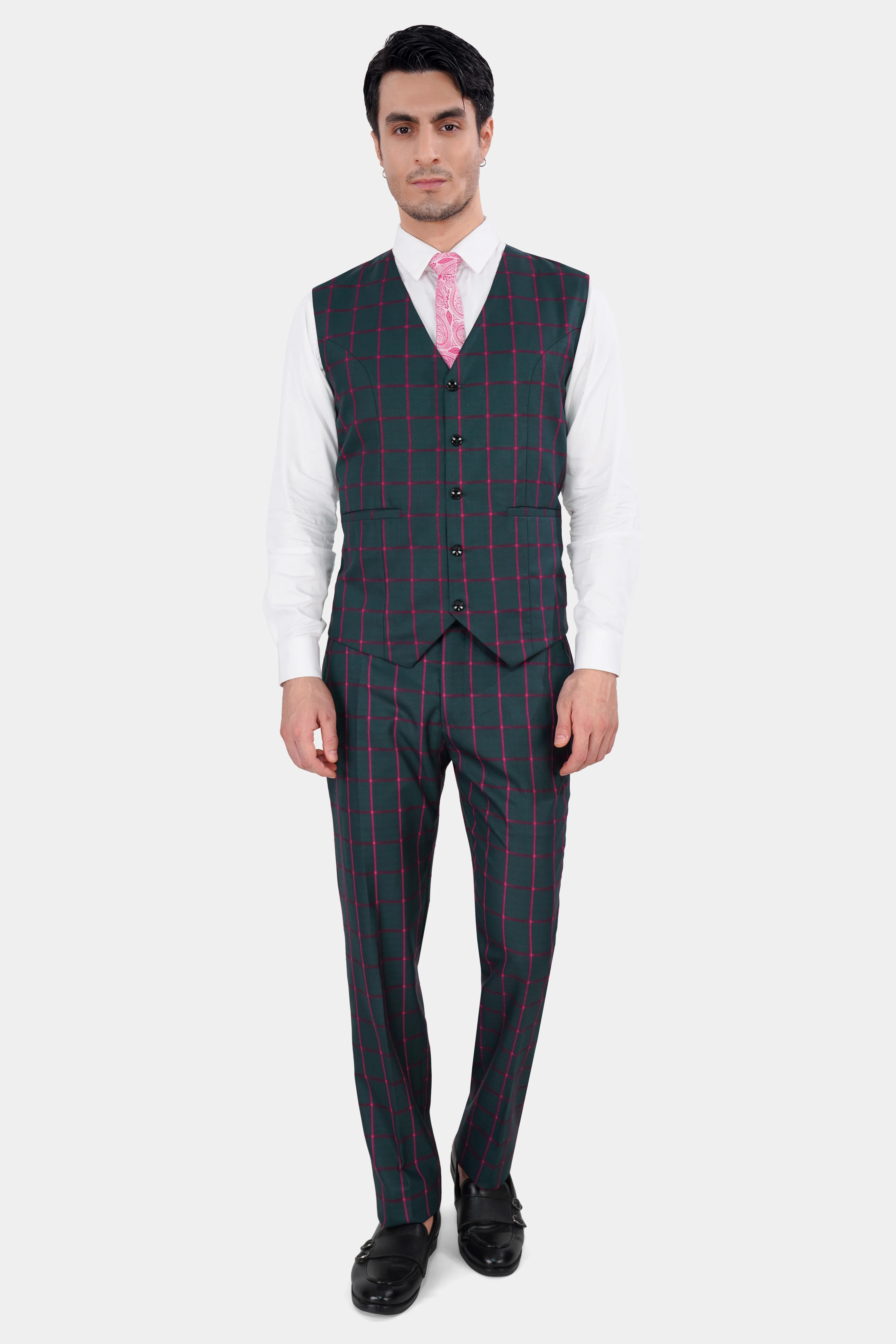 Outer Space Gray and Rouge Pink Windowpane Wool Rich Waistcoat - Image 5