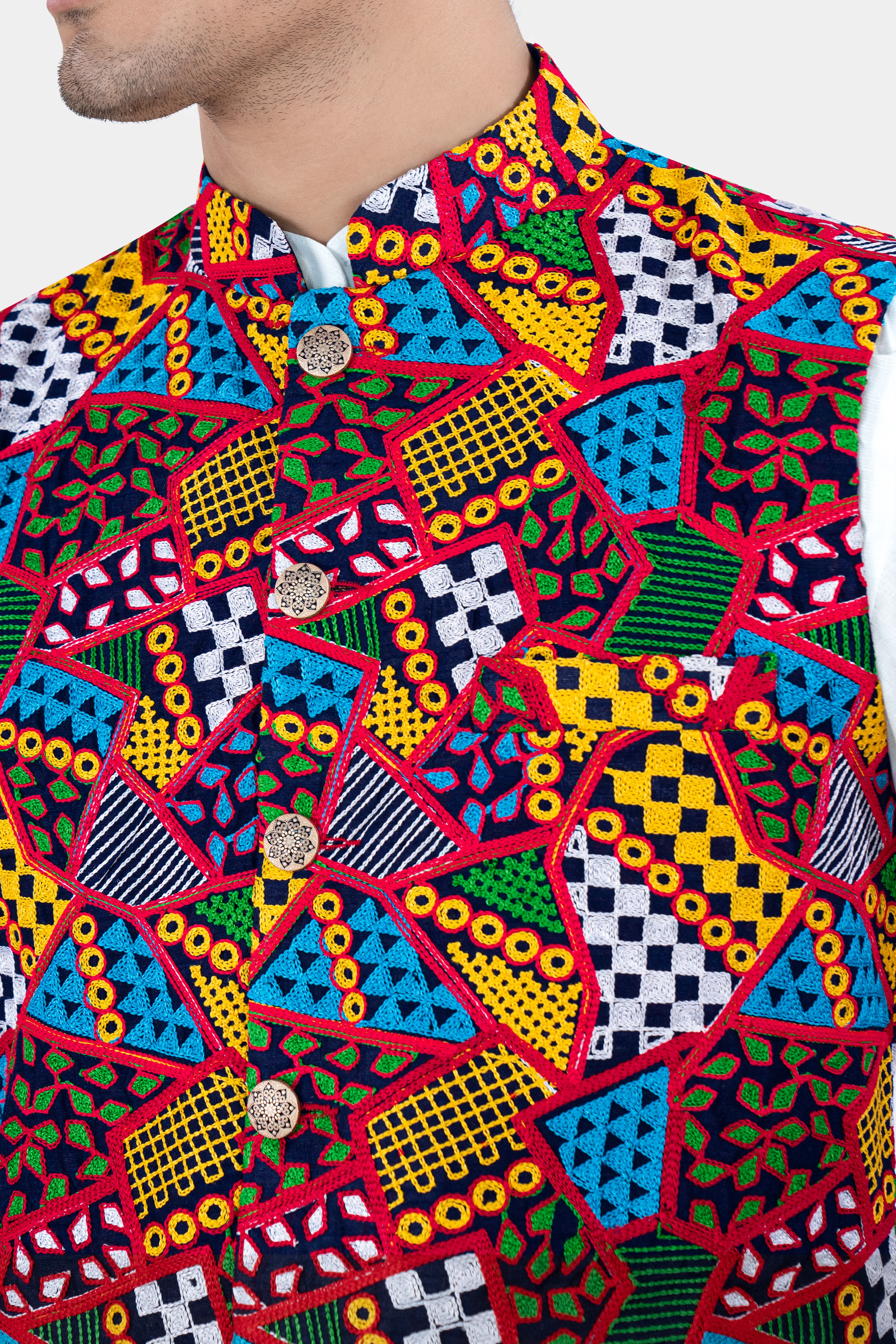 Rosso Red with Peel Yellow Multicolour Cotton Thread Embroidered Nehru Jacket - Image 4