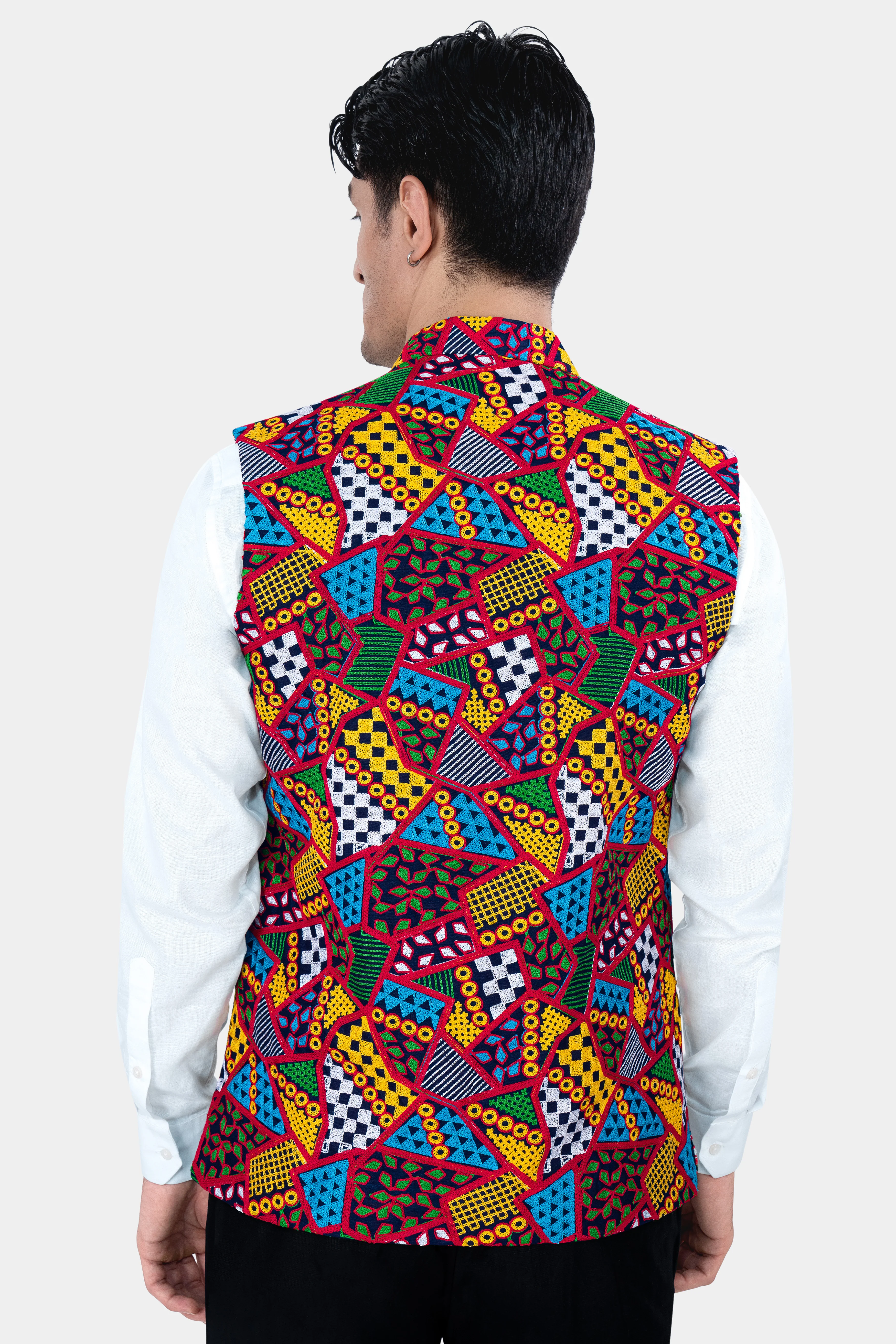 Rosso Red with Peel Yellow Multicolour Cotton Thread Embroidered Nehru Jacket - Image 5