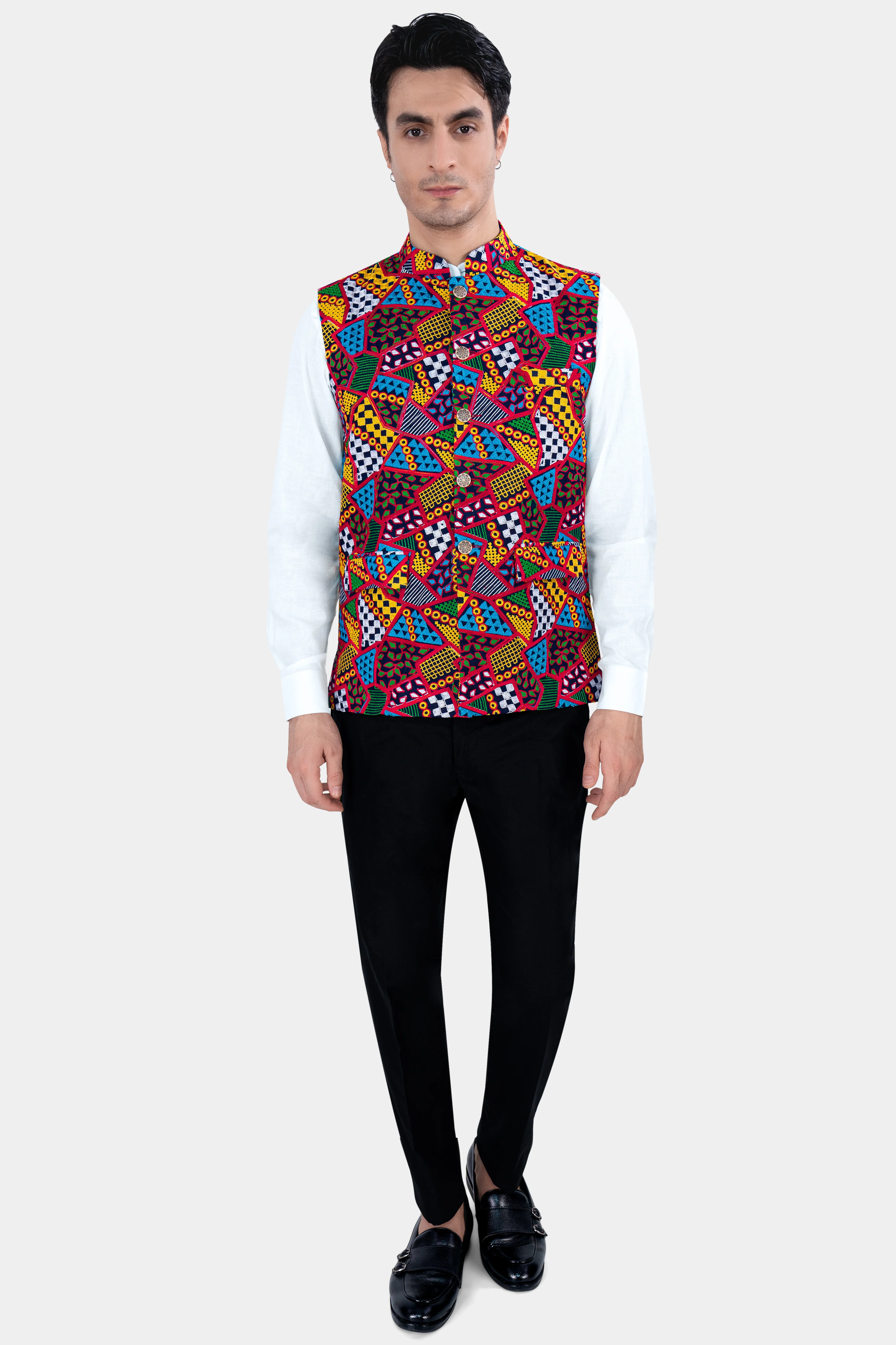 Rosso Red with Peel Yellow Multicolour Cotton Thread Embroidered Nehru Jacket - Image 6