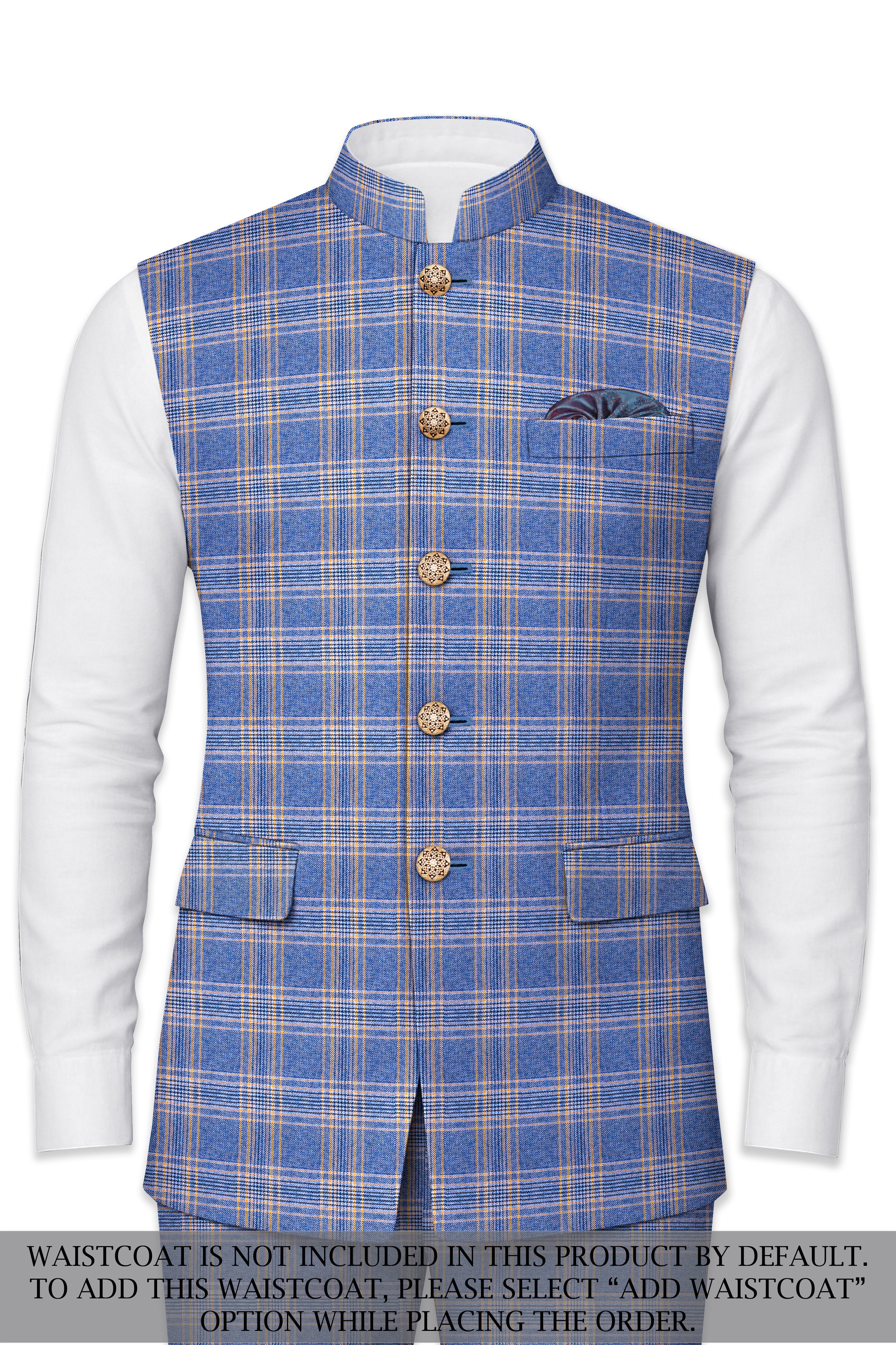 Scampi Blue and Muesli Brown Plaid Wool Rich Cross Placket Bandhgala Suit - Image 15