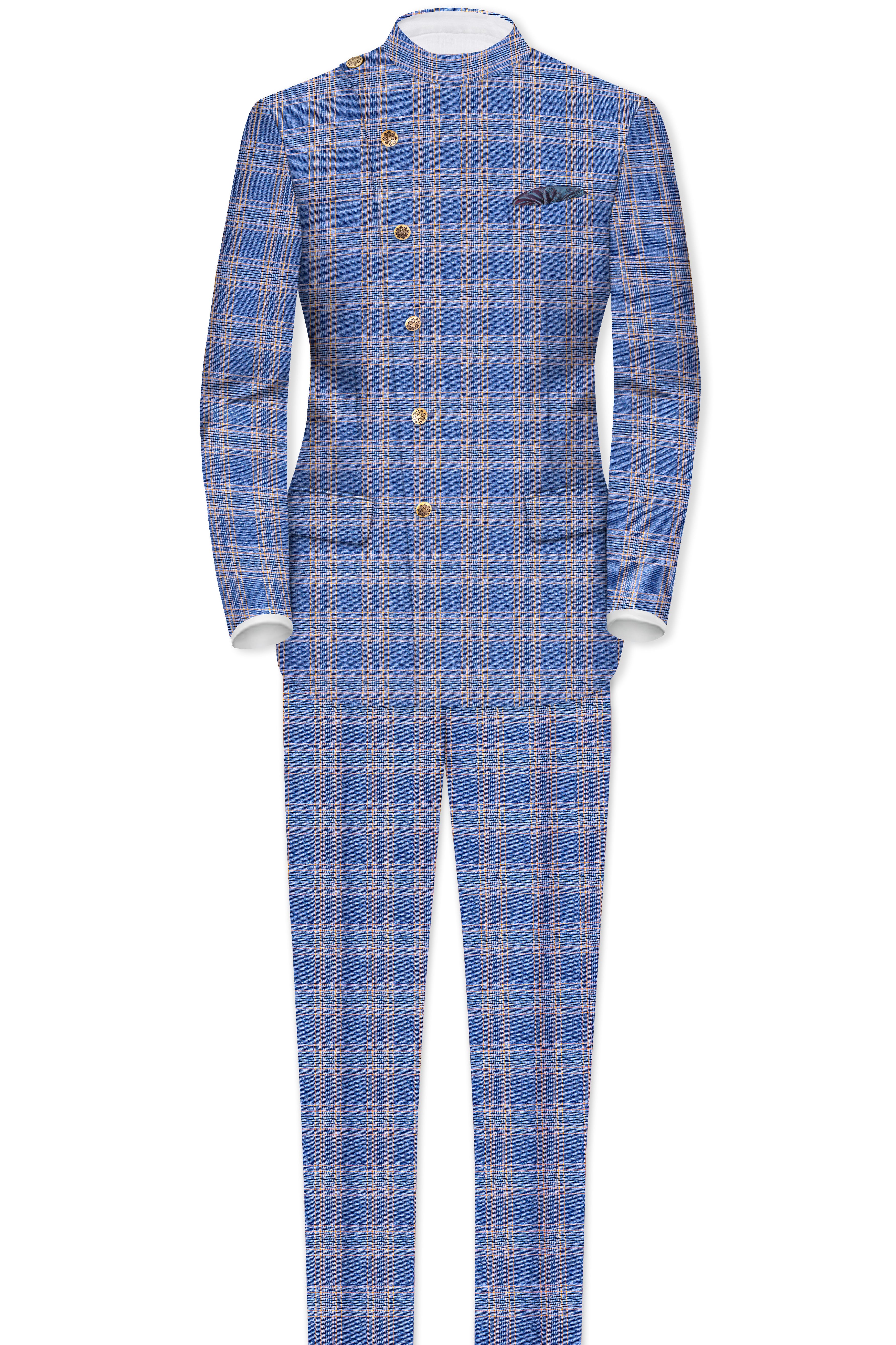Scampi Blue and Muesli Brown Plaid Wool Rich Cross Placket Bandhgala Suit - Image 4