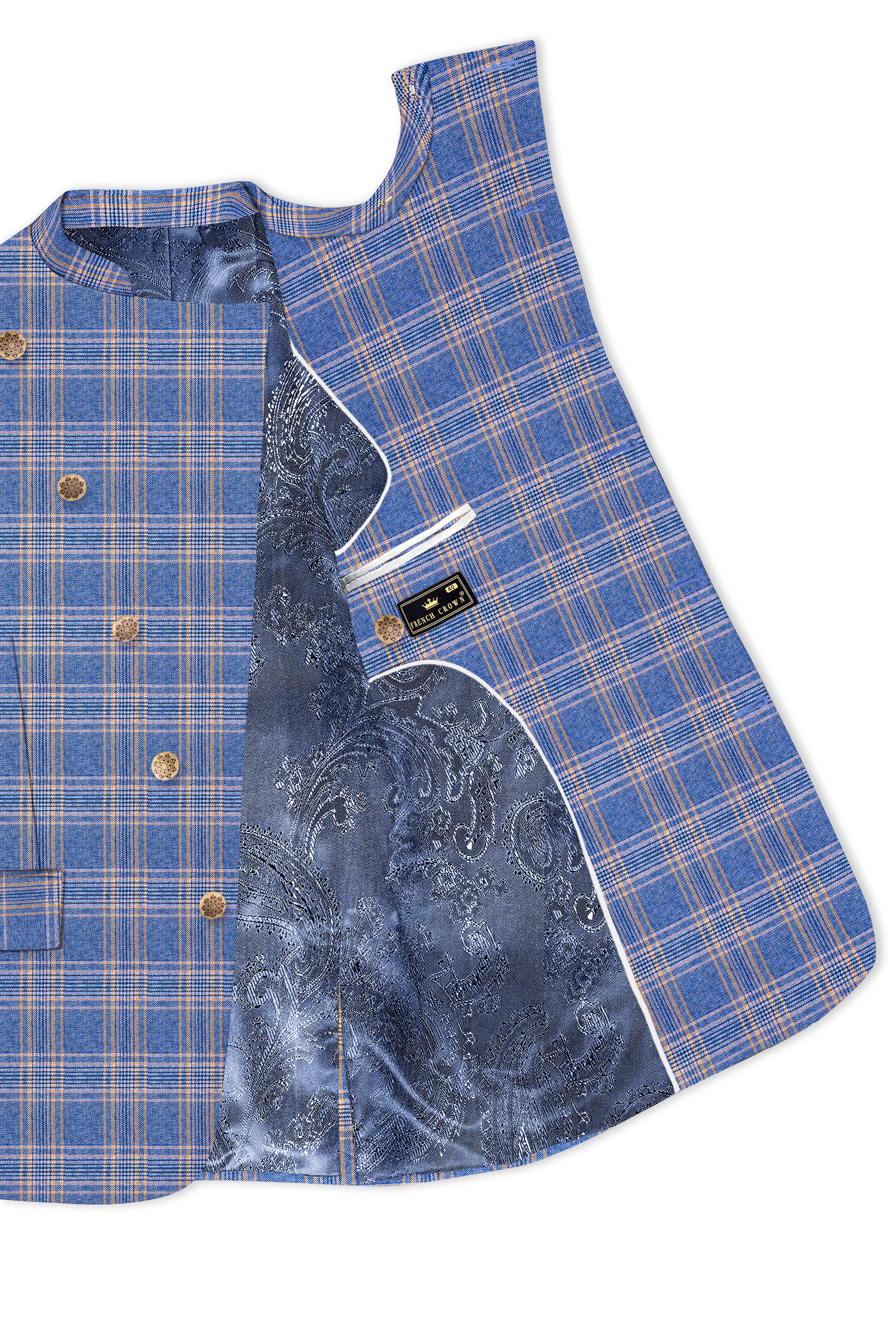 Scampi Blue and Muesli Brown Plaid Wool Rich Cross Placket Bandhgala Suit - Image 6