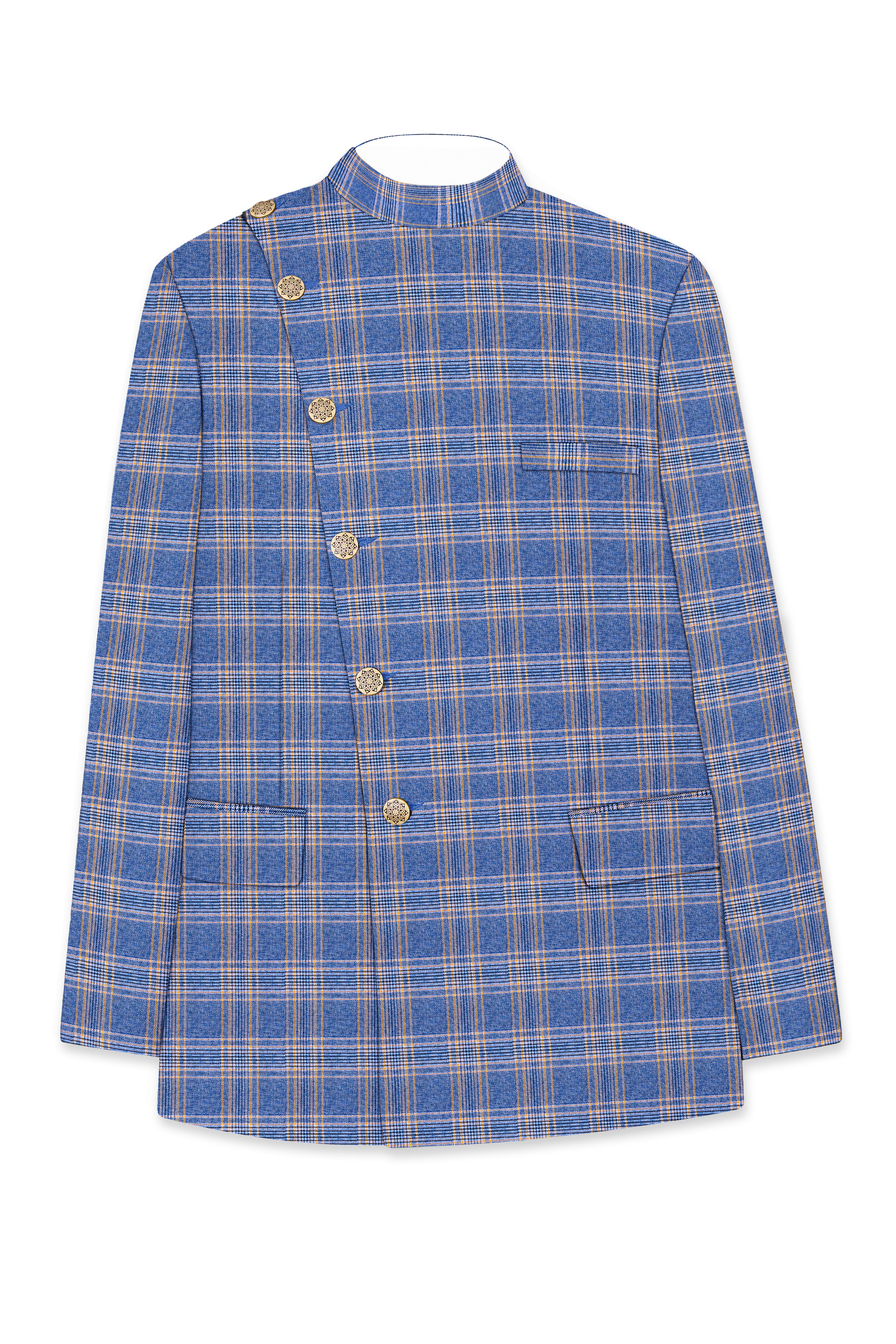 Scampi Blue and Muesli Brown Plaid Wool Rich Cross Placket Bandhgala Suit - Image 7