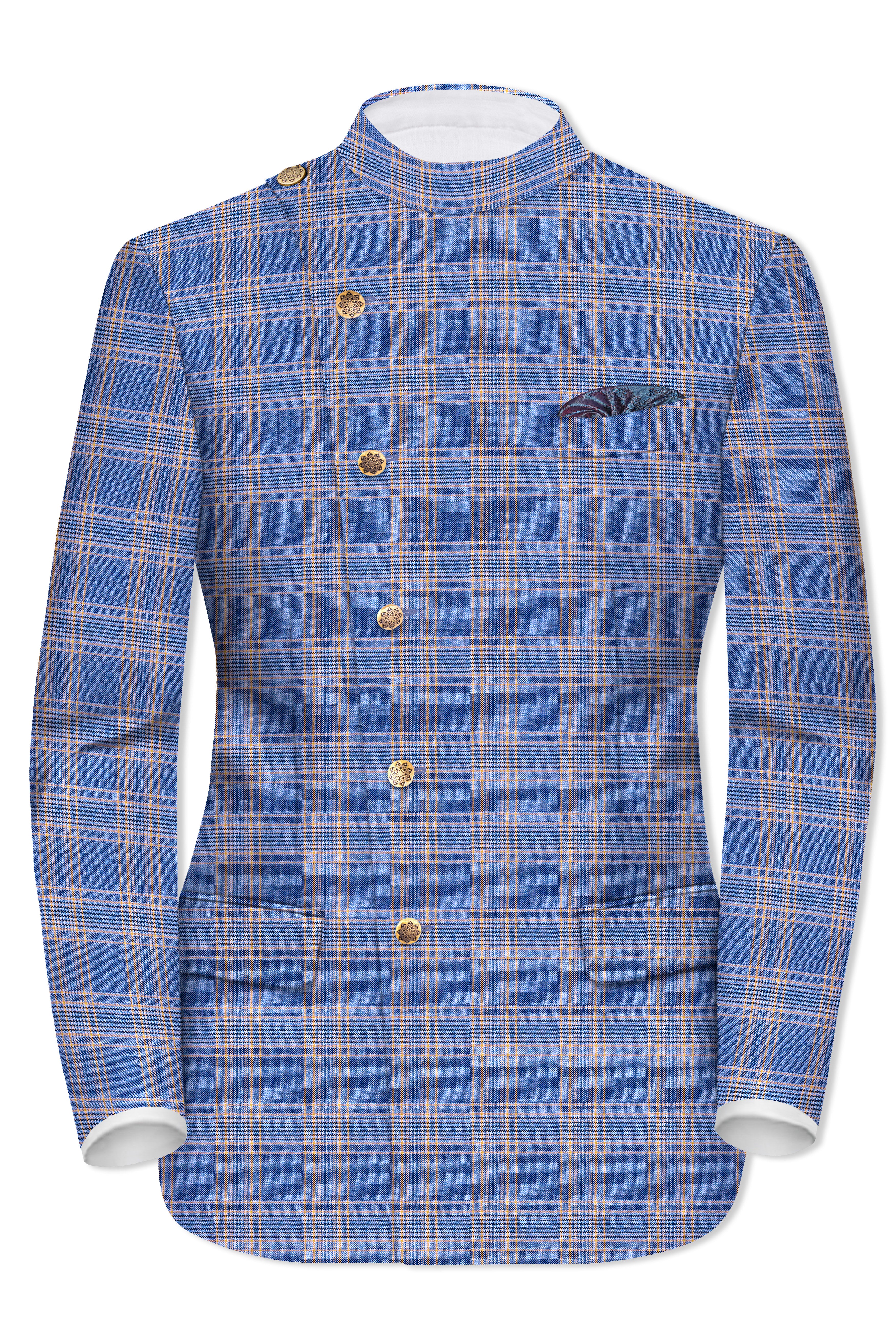 Scampi Blue and Muesli Brown Plaid Wool Rich Cross Placket Bandhgala Suit - Image 9