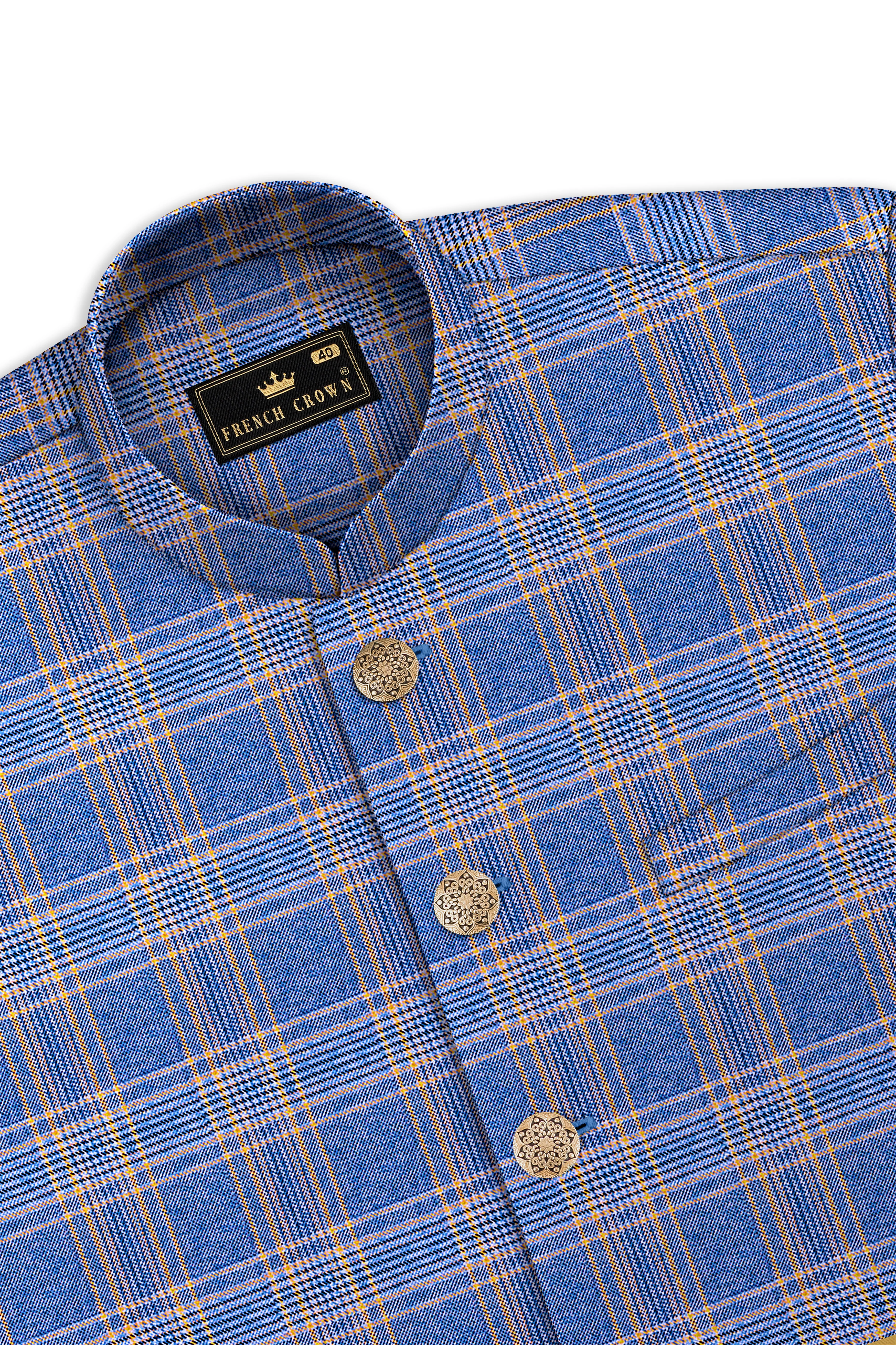 Scampi Blue and Muesli Brown Plaid Wool Rich Nehru Jacket - Image 5