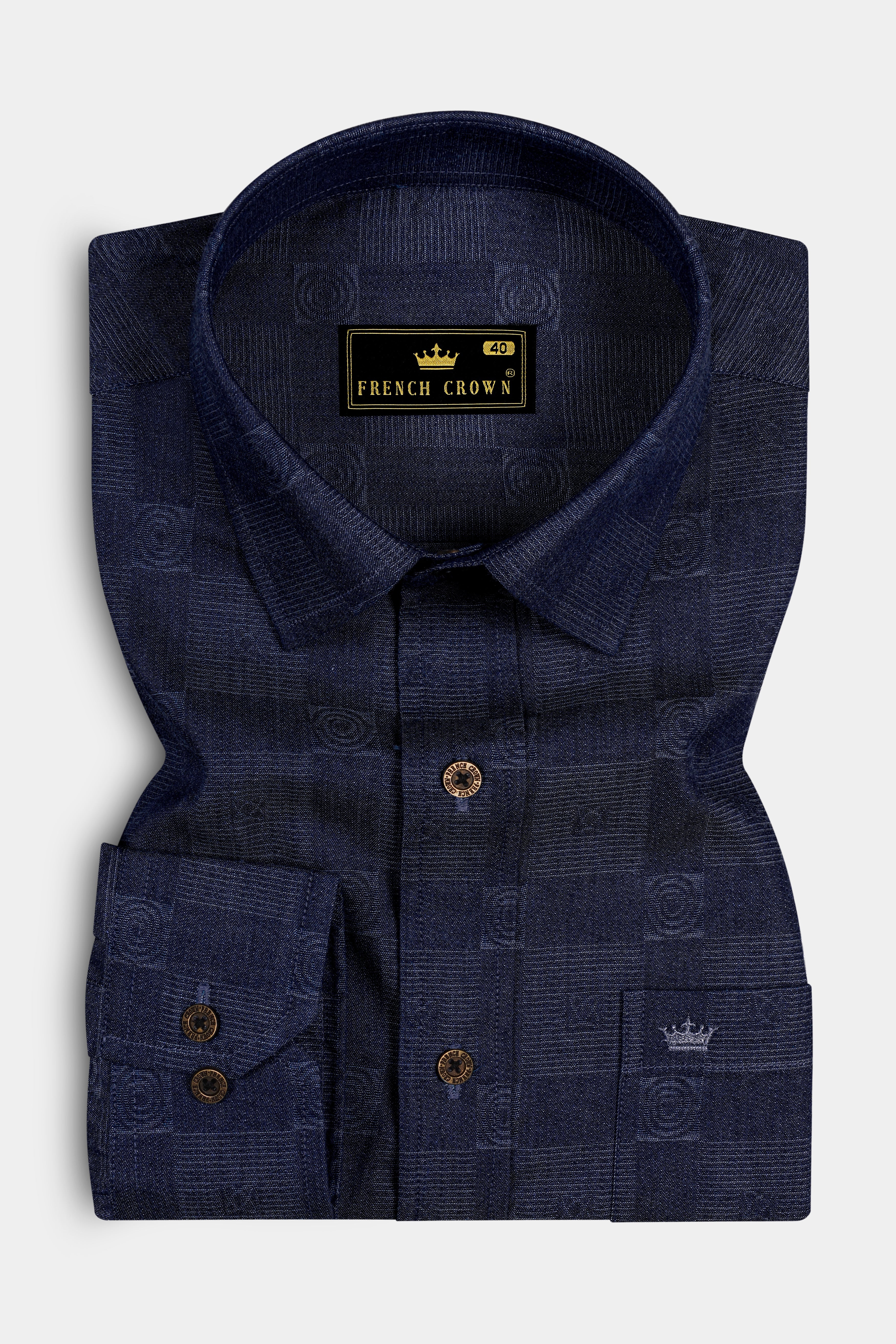 Squivra-Mirage Denim Blue square and circular motifs Textured Super Soft Premium Cotton Casual Shirt - Image 3