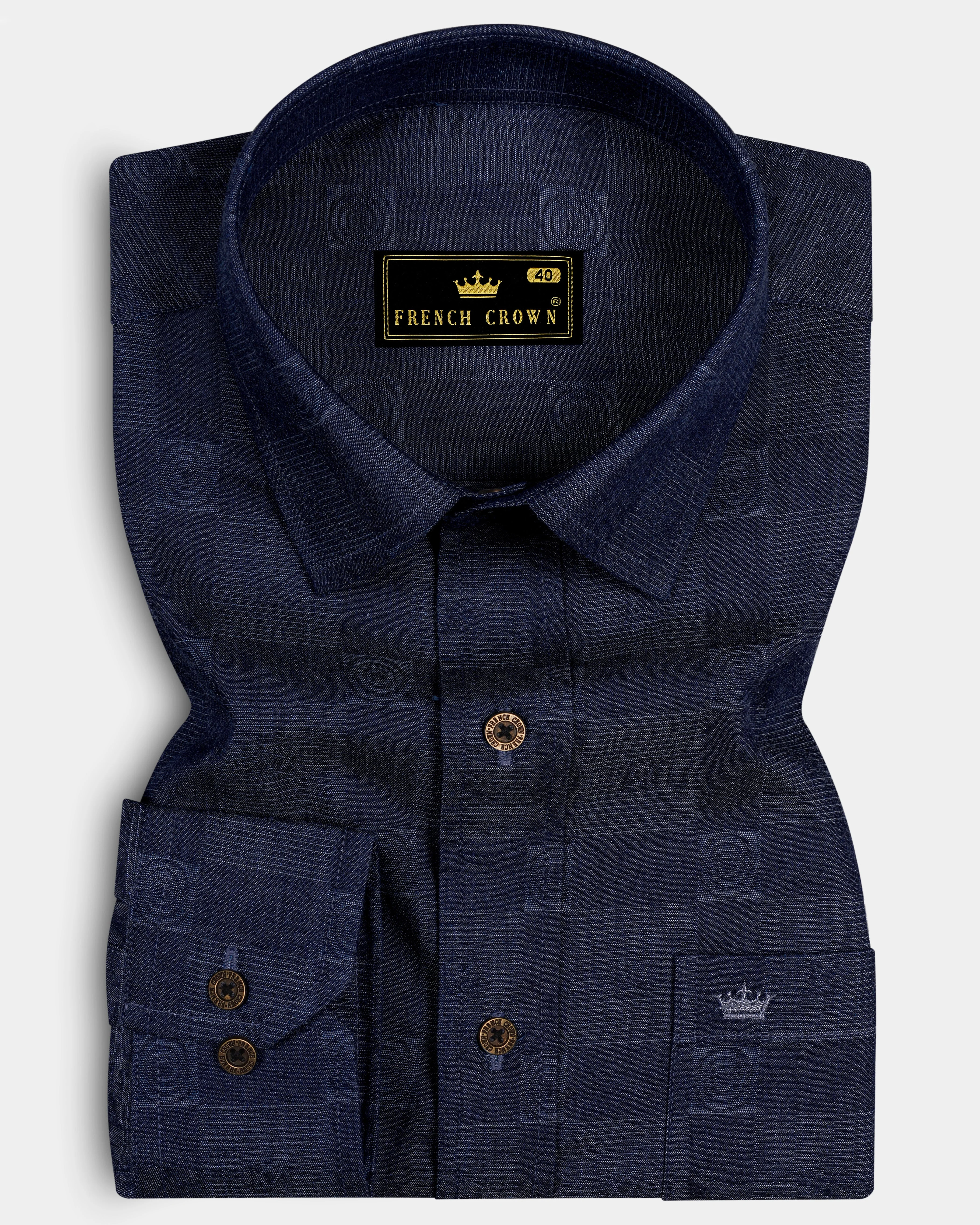 Squivra-Mirage Denim Blue square and circular motifs Textured Super Soft Premium Cotton Casual Shirt - Image 5