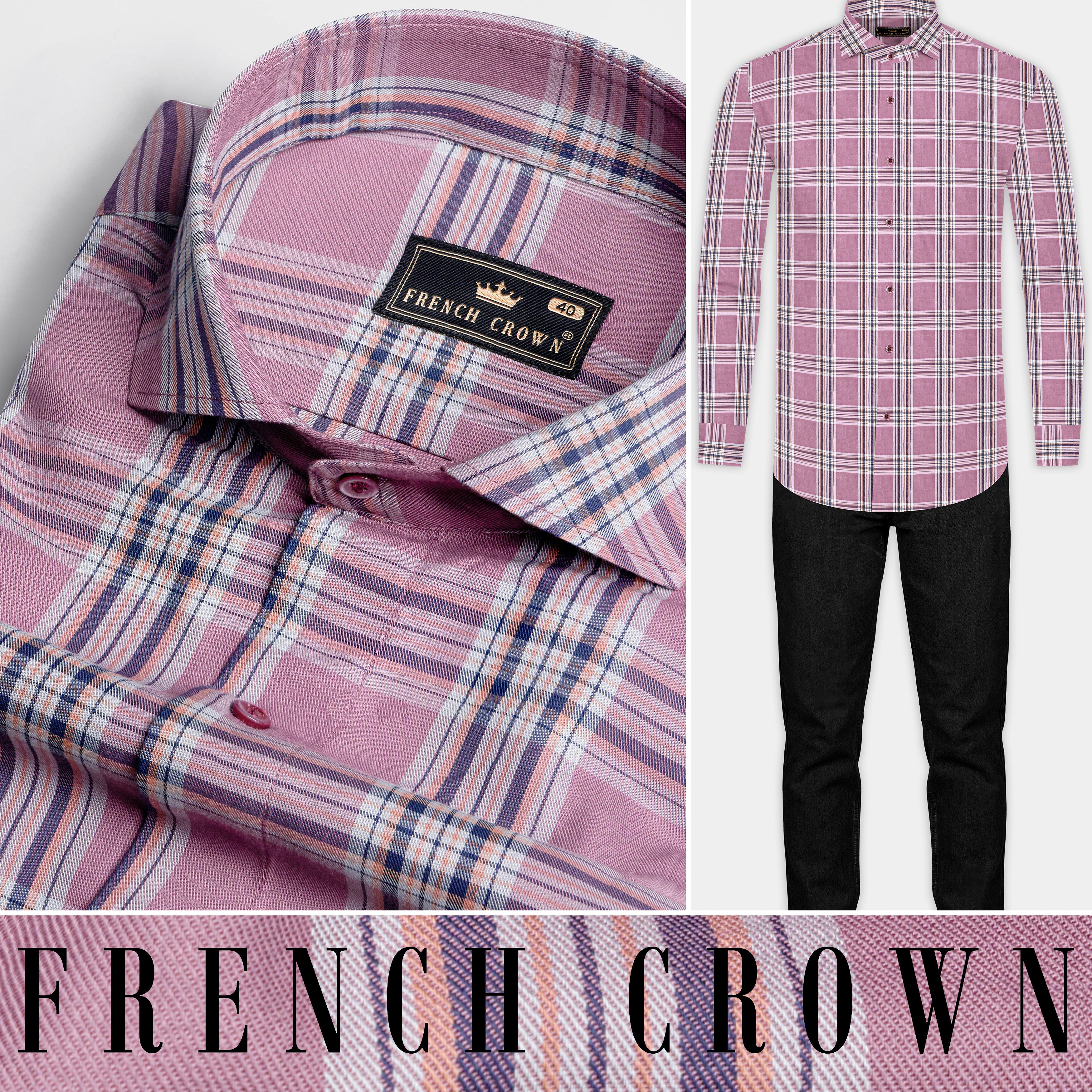 Turkish Rose Pink and Rhino Blue Twill Plaid Premium Cotton Shirt - Image 8